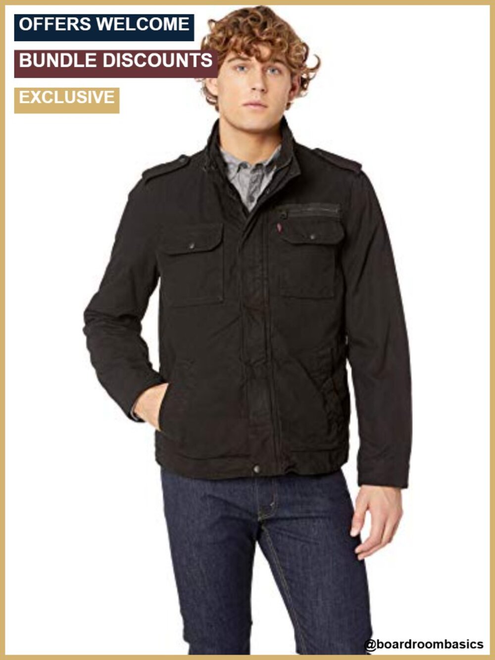 Men's Washed Cotton Military Jacket Quilted Lining Zipper Snap